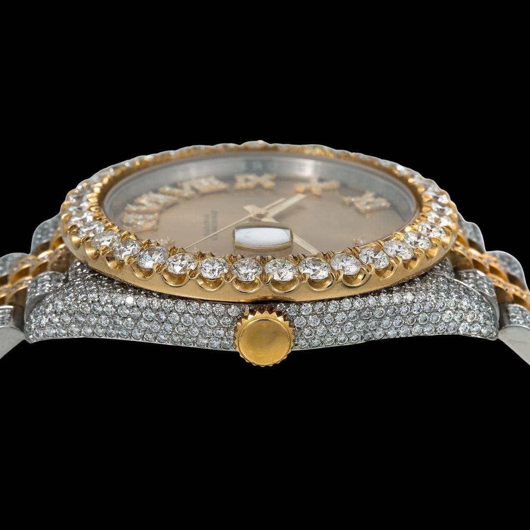 Rolex Datejust Champagne Dial Roman Diamond Numerals Diamond Bezel Two Tone Yellow Gold Jubilee Watch Crown View