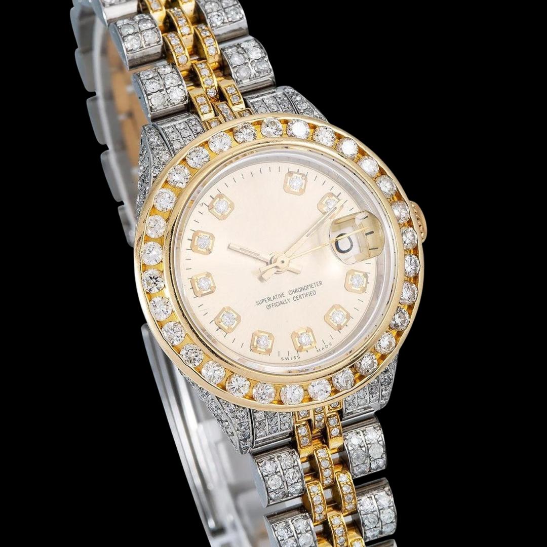 Rolex Datejust Champagne Diamond Dial Two Tone Yellow Gold Jubilee Bracelet Iced Out Moissanite Watch Close Up Dial View