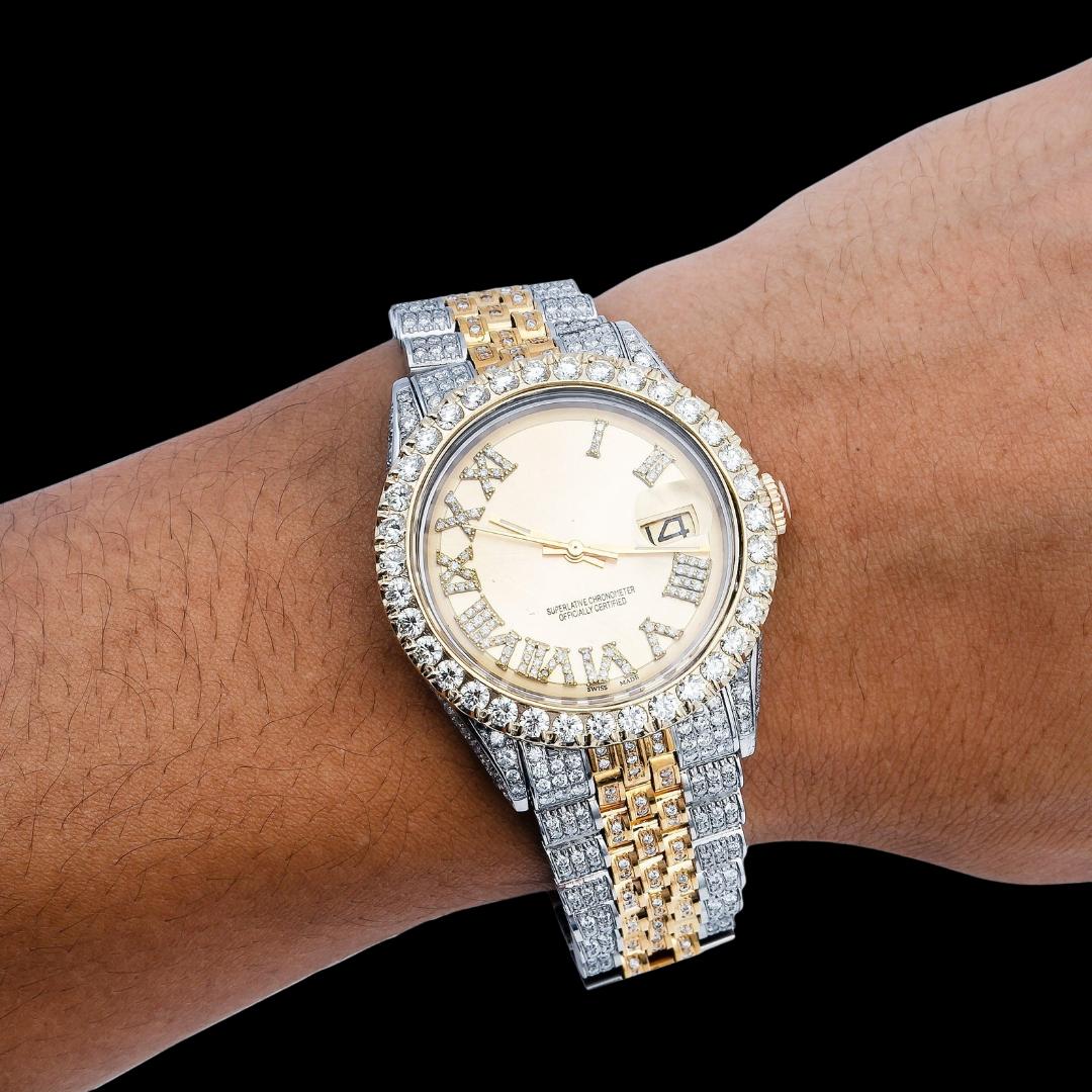 Rolex Datejust Champagne Roman Dial Diamond Bezel Two Tone Fully Iced Out Jubilee Bracelet Moissanite Watch On Wrist View