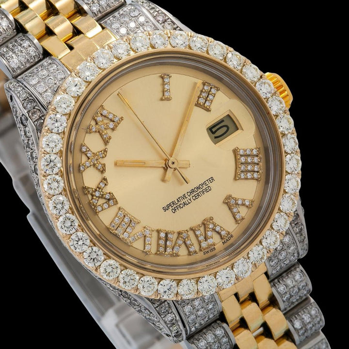 Rolex Datejust Champagne Roman Diamond Dial Jubilee Bracelet Two Tone Yellow Gold Moissanite Watch Close Up Dial View