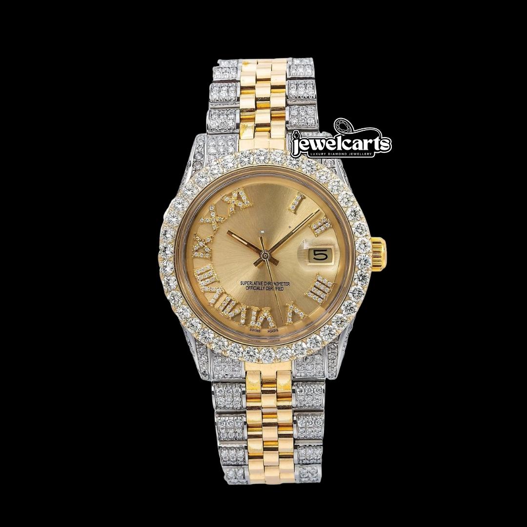 Rolex Datejust Champagne Roman Diamond Dial Jubilee Bracelet Two Tone Yellow Gold Moissanite Watch Front View