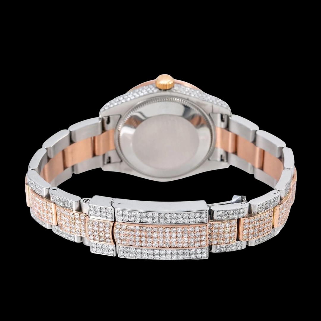 Rolex Datejust Chocolate Dial Diamond Markers Two Tone Rose Gold Oyster Bracelet Moissanite Watch Caseback View