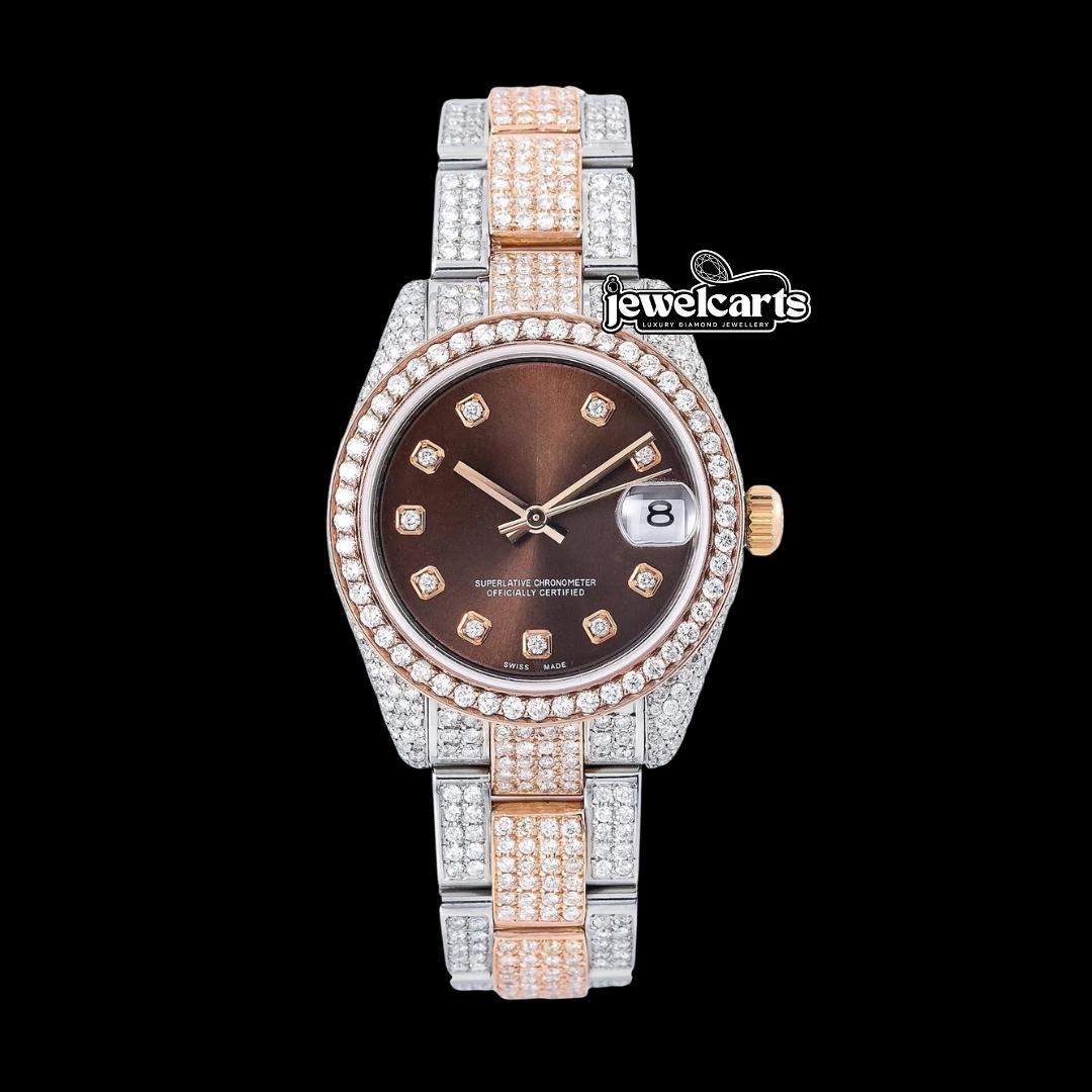 Rolex Datejust Chocolate Dial Diamond Markers Two Tone Rose Gold Oyster Bracelet Moissanite Watch Front View
