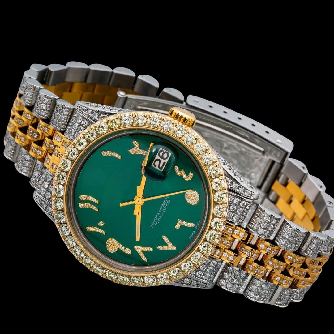 Rolex Datejust Dial Diamond Arabic Numerals Two Tone Yellow Gold Iced Out Jubilee Bracelet Moissanite Watch Close Up Front View