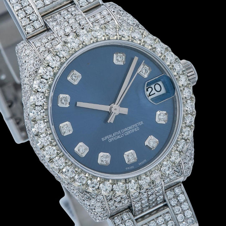 Rolex Datejust Dial Diamond Markers Jubilee Bracelet Fully Iced Out Moissanite Diamond Watch Close Up Dial View