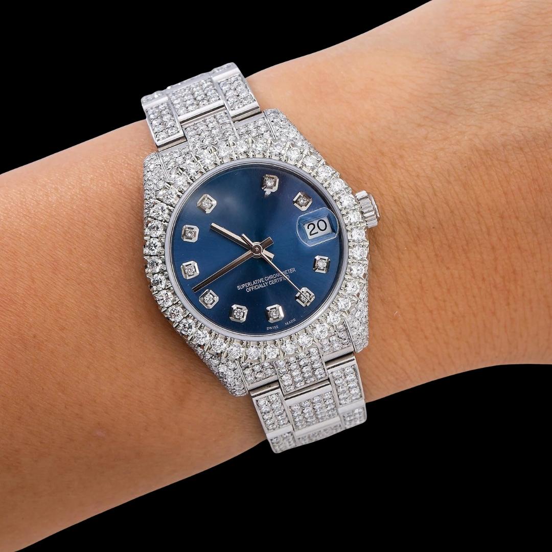 Rolex Datejust Dial Diamond Markers Jubilee Bracelet Fully Iced Out Moissanite Diamond Watch On Wrist View