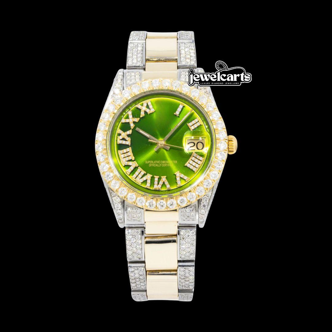 Rolex Datejust Dial Diamond Roman Numerals Two Tone Iced Out Oyster Bracelet Yellow Gold Moissanite Watch Front View