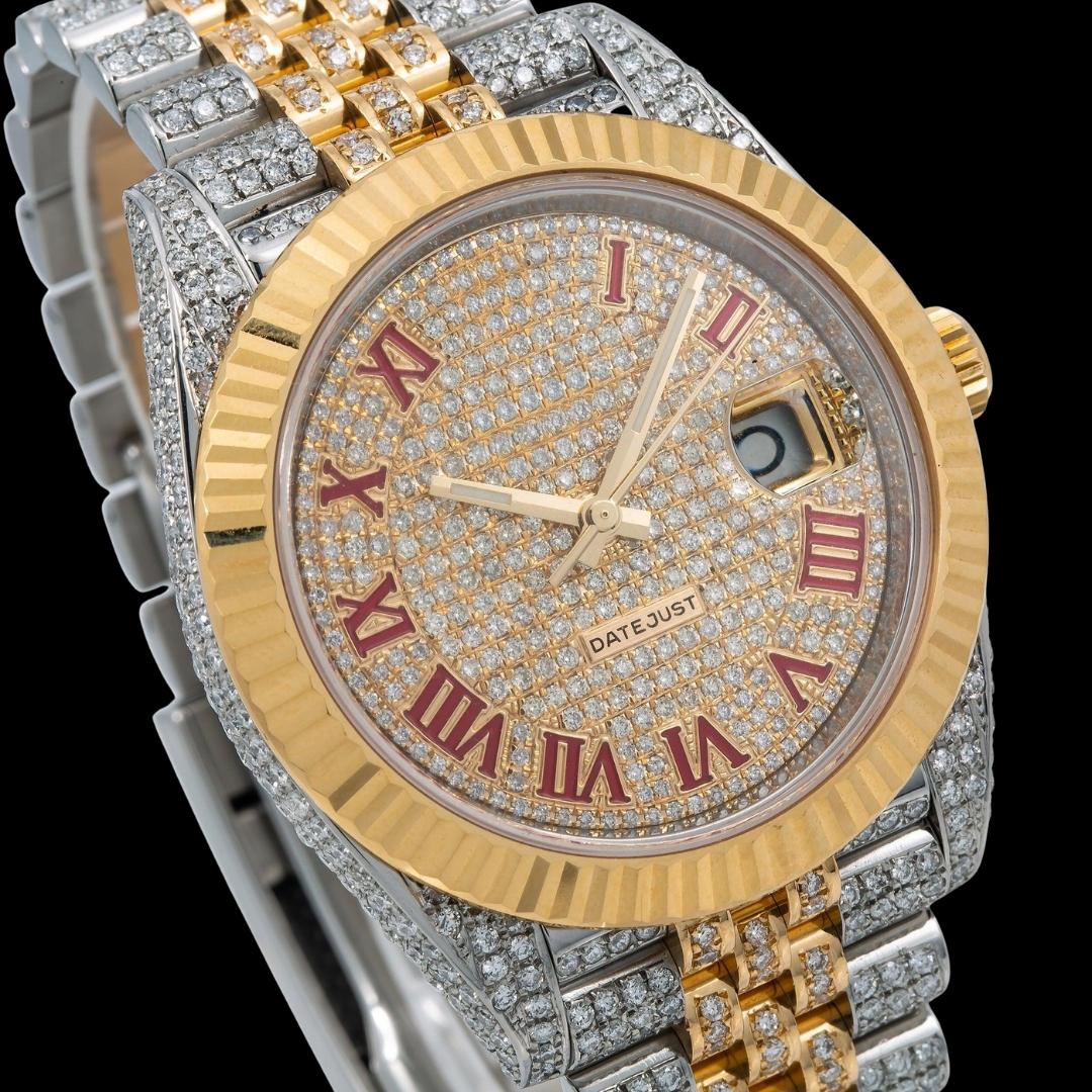 Rolex Datejust Diamond Dial Red Roman Numerals Fluted Bezel Two Tone Yellow Gold Jubilee Bracelet Iced Out Watch Close Up Dial View