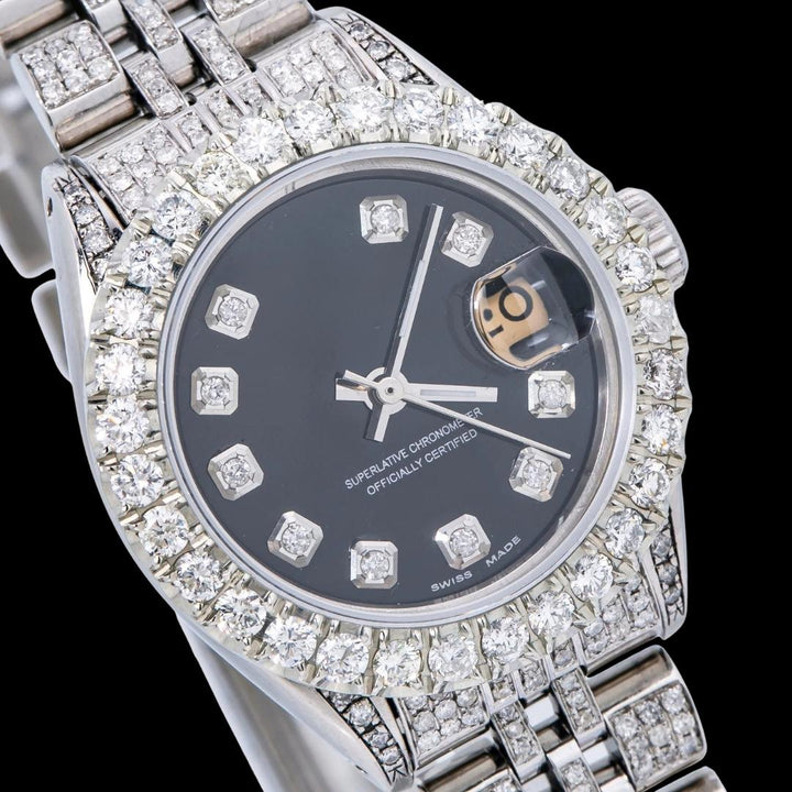 Rolex Datejust Diamond Markers Black Dial Full Iced Out Jubilee Bracelet Moissanite Diamond Watch Close Up Dial View