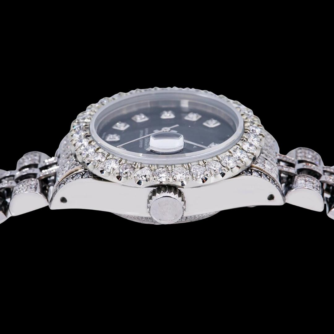 Rolex Datejust Diamond Markers Black Dial Full Iced Out Jubilee Bracelet Moissanite Diamond Watch Crown View