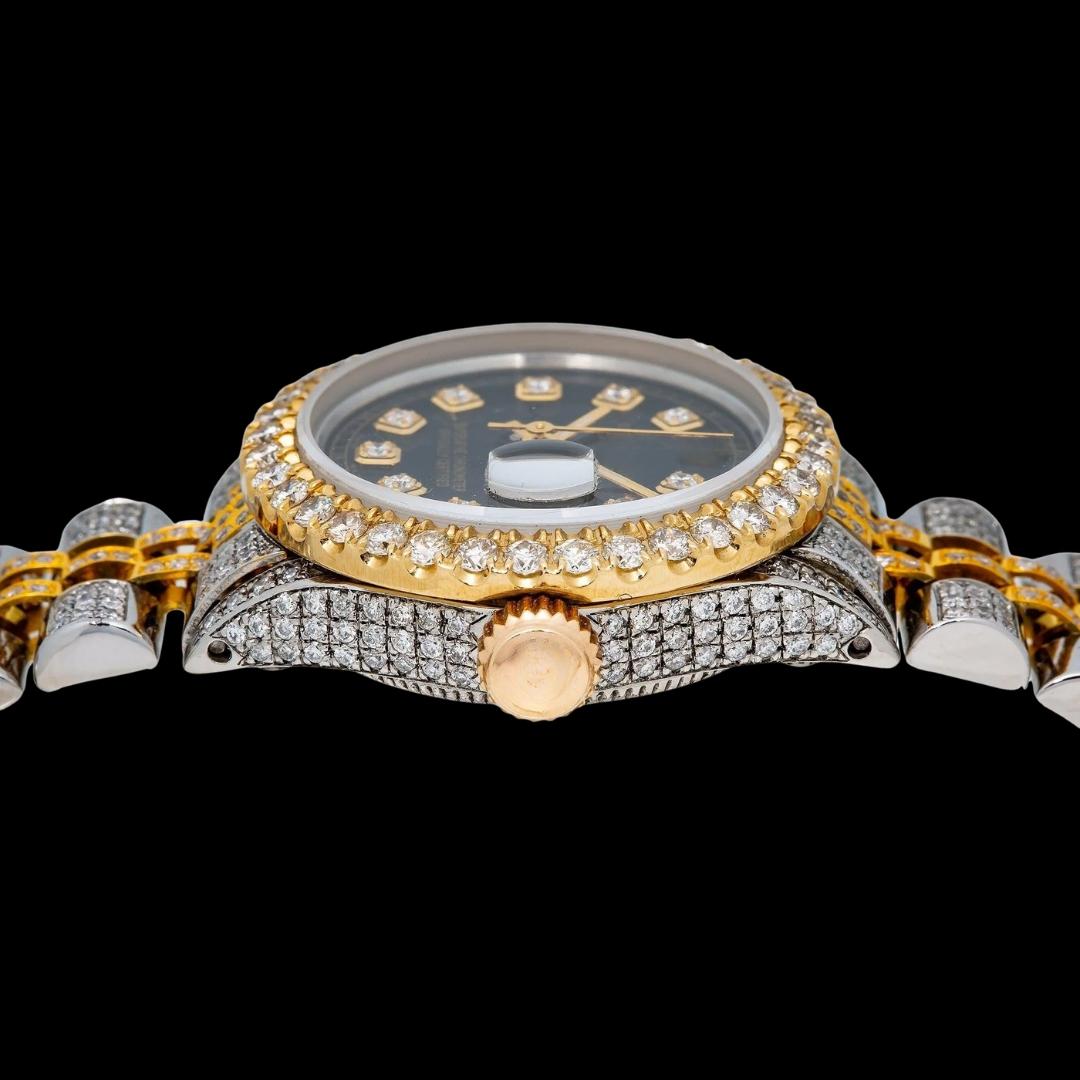 Rolex Datejust Diamond Markers Black Dial Two Tone Iced Out Jubilee Strap Yellow Gold Moissanite Watch Crown View