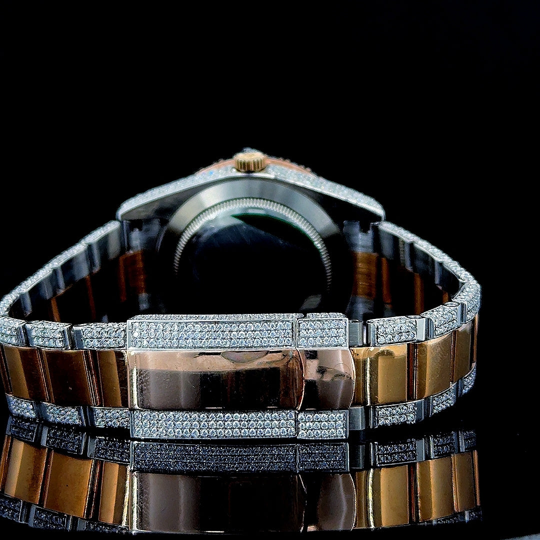 Rolex Datejust Diamond Markers Dial Two Tone Iced Out Moissanite Watch Caseback View
