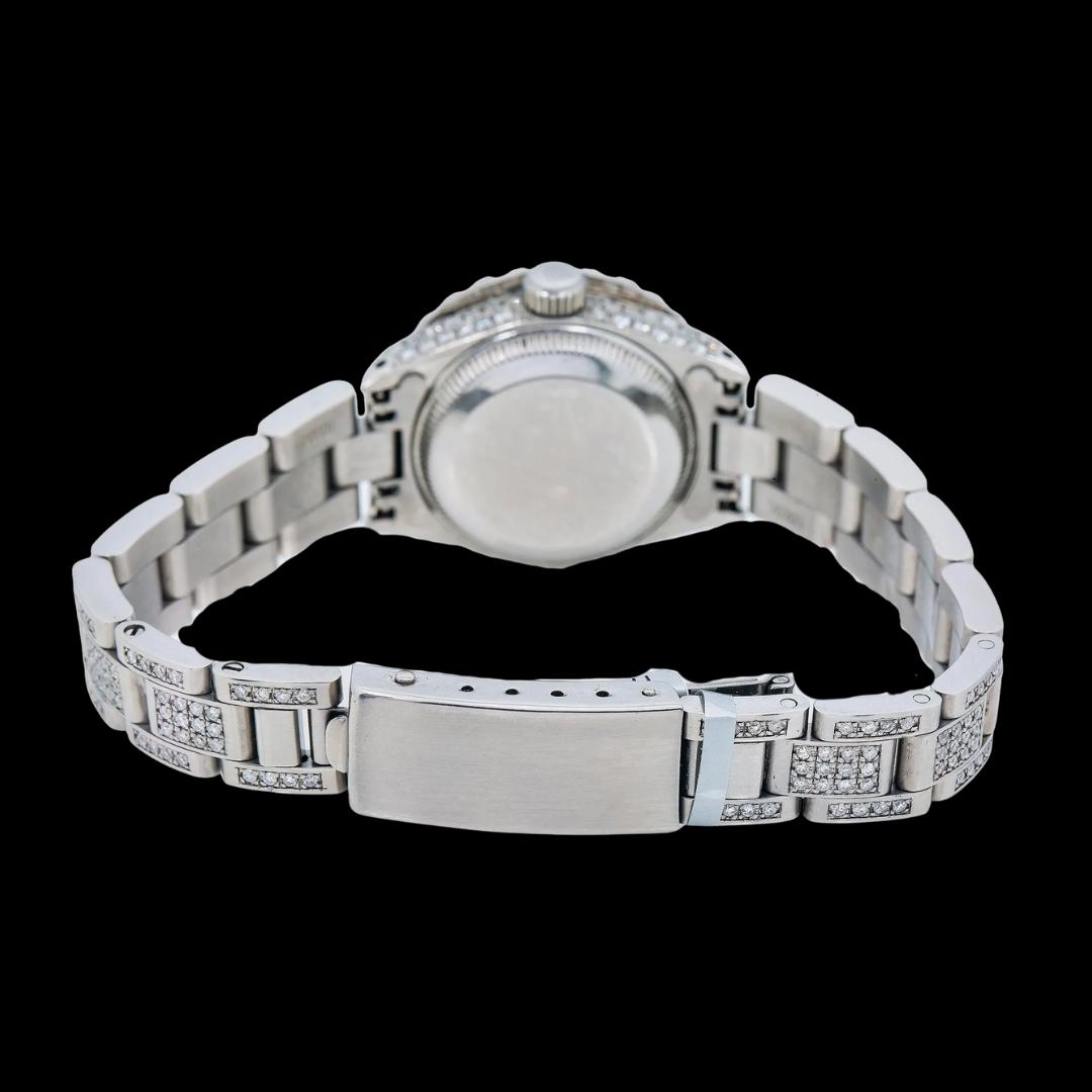 Rolex Datejust Diamond Markers Pink Dial Fully Iced Out Oyster Bracelet Moissanite Watch For Women Caseback View