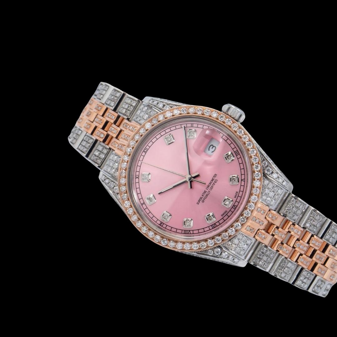 Rolex Datejust Diamond Markers Pink Dial Jubilee Bracelet Two Tone Rose Gold Iced Out Moissanite Watch Close Up Front View