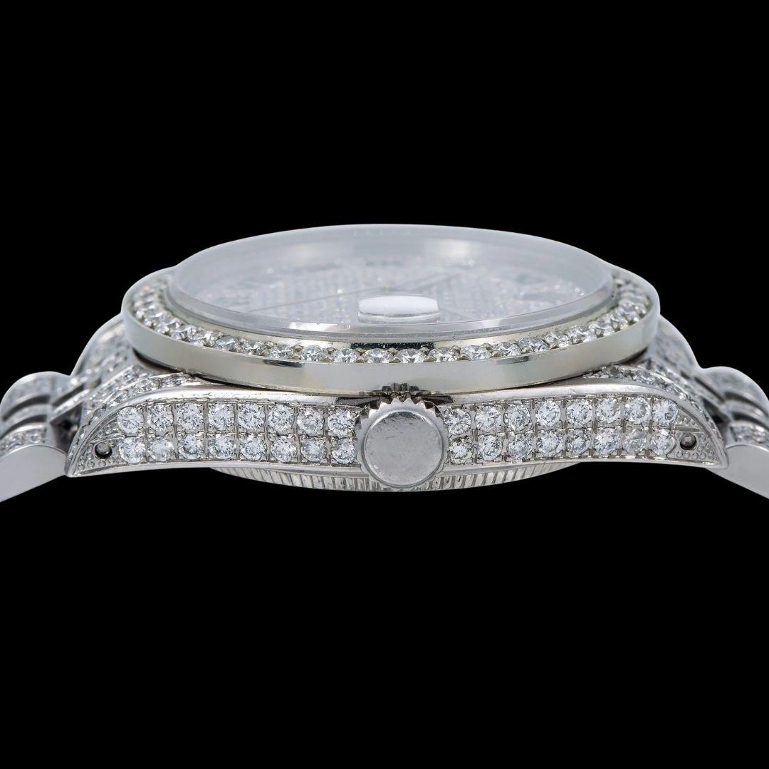 Rolex Datejust Diamond Pave Roman Dial Black Roman Numerals Iced Out Jubilee Moissanite Watch Crown View