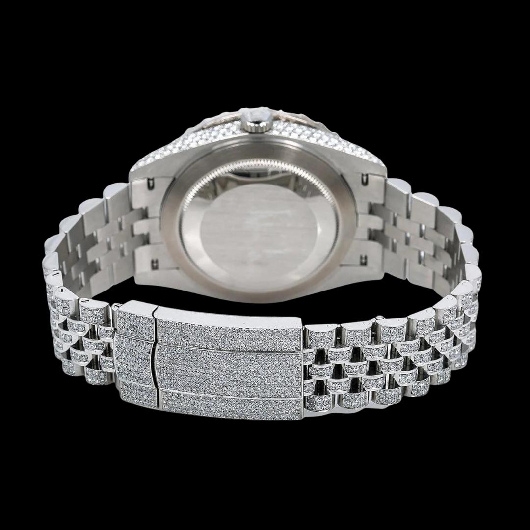 Rolex Datejust Diamond Pave White Dial Blue Arabic Numerals Fully Iced Out Oyster Bracelet Moissanite Watch Caseback View