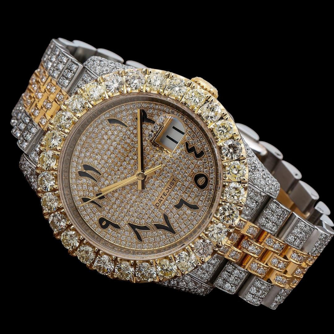 Rolex Datejust Diamond Paved Bezel Arabic Dial Two Tone Yellow Gold Iced Out Jubilee Bracelet Moissanite Watch Close Up Front View