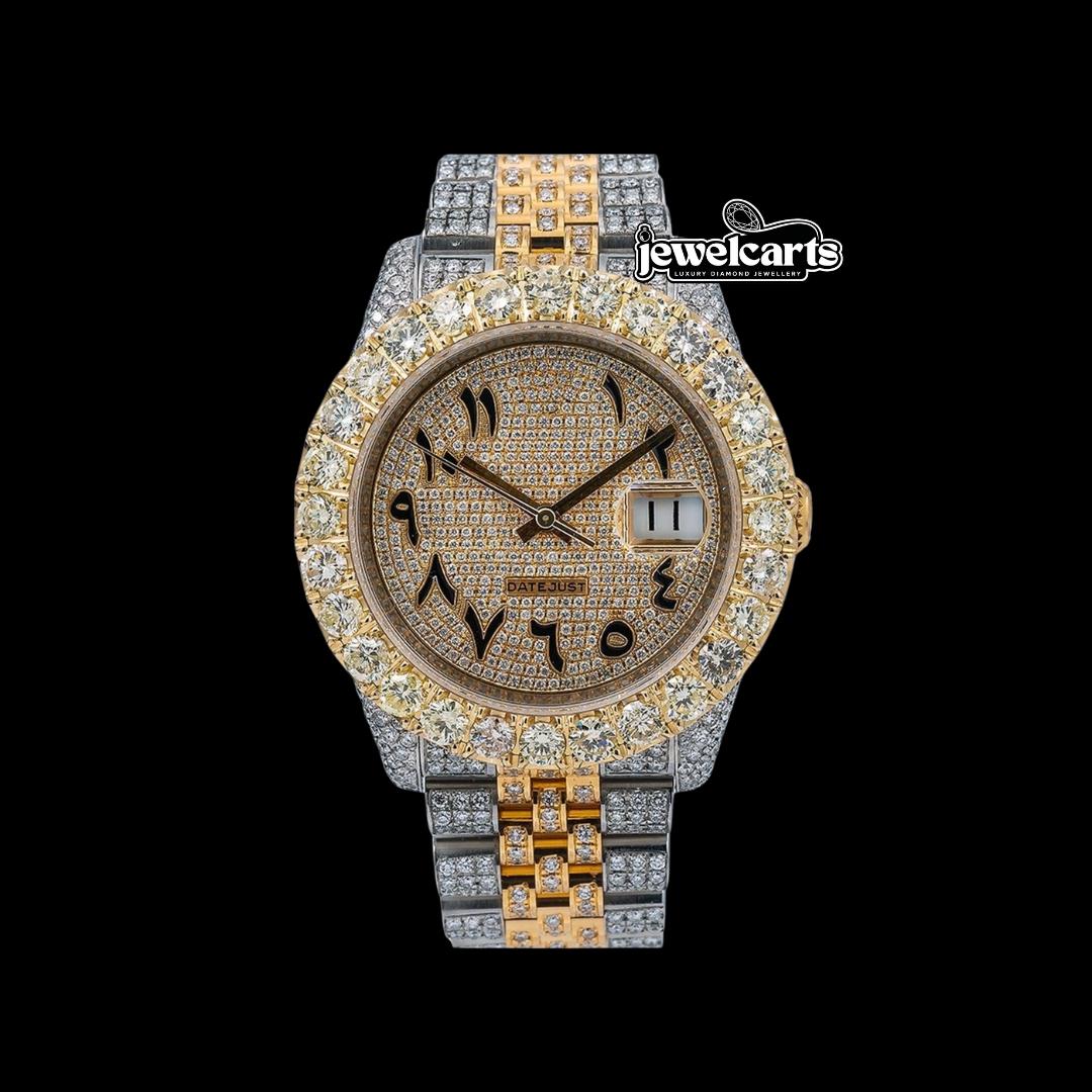 Rolex Datejust Diamond Paved Bezel Arabic Dial Two Tone Yellow Gold Iced Out Jubilee Bracelet Moissanite Watch Front View