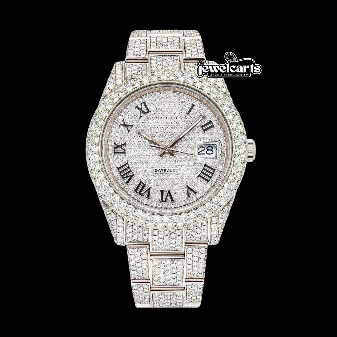Rolex Datejust Diamond Paved Dial Black Roman Numerals Fully Iced Out Oyster Strap Moissanite Watch Front View