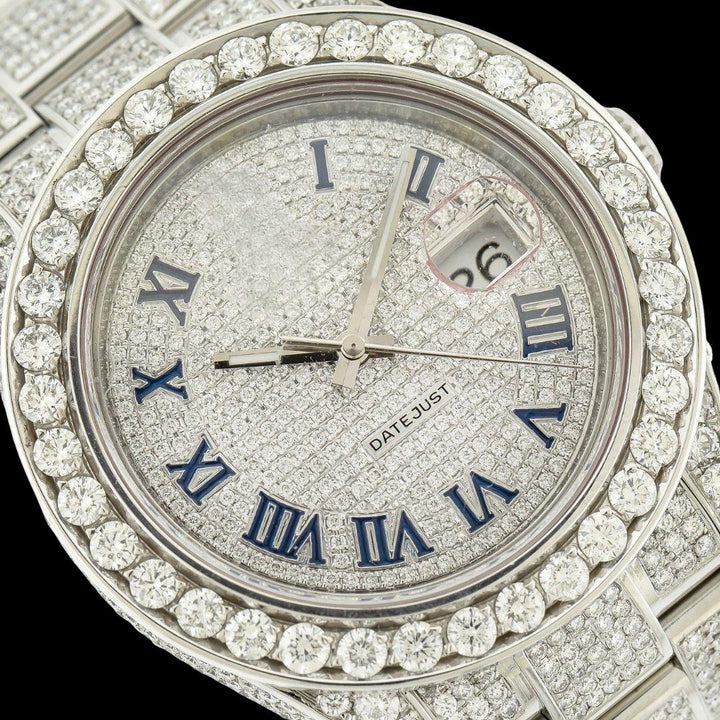 Rolex Datejust Diamond Paved Dial Blue Roman Numerals Iced Out Oyster Bracelet Moissanite Watch Close Up Dial View