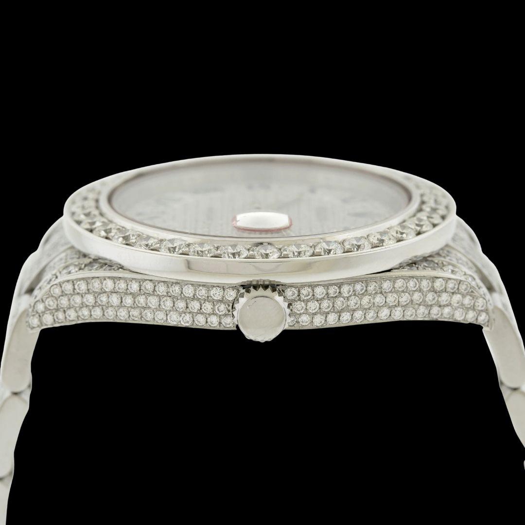 Rolex Datejust Diamond Paved Dial Blue Roman Numerals Iced Out Oyster Bracelet Moissanite Watch Crown View