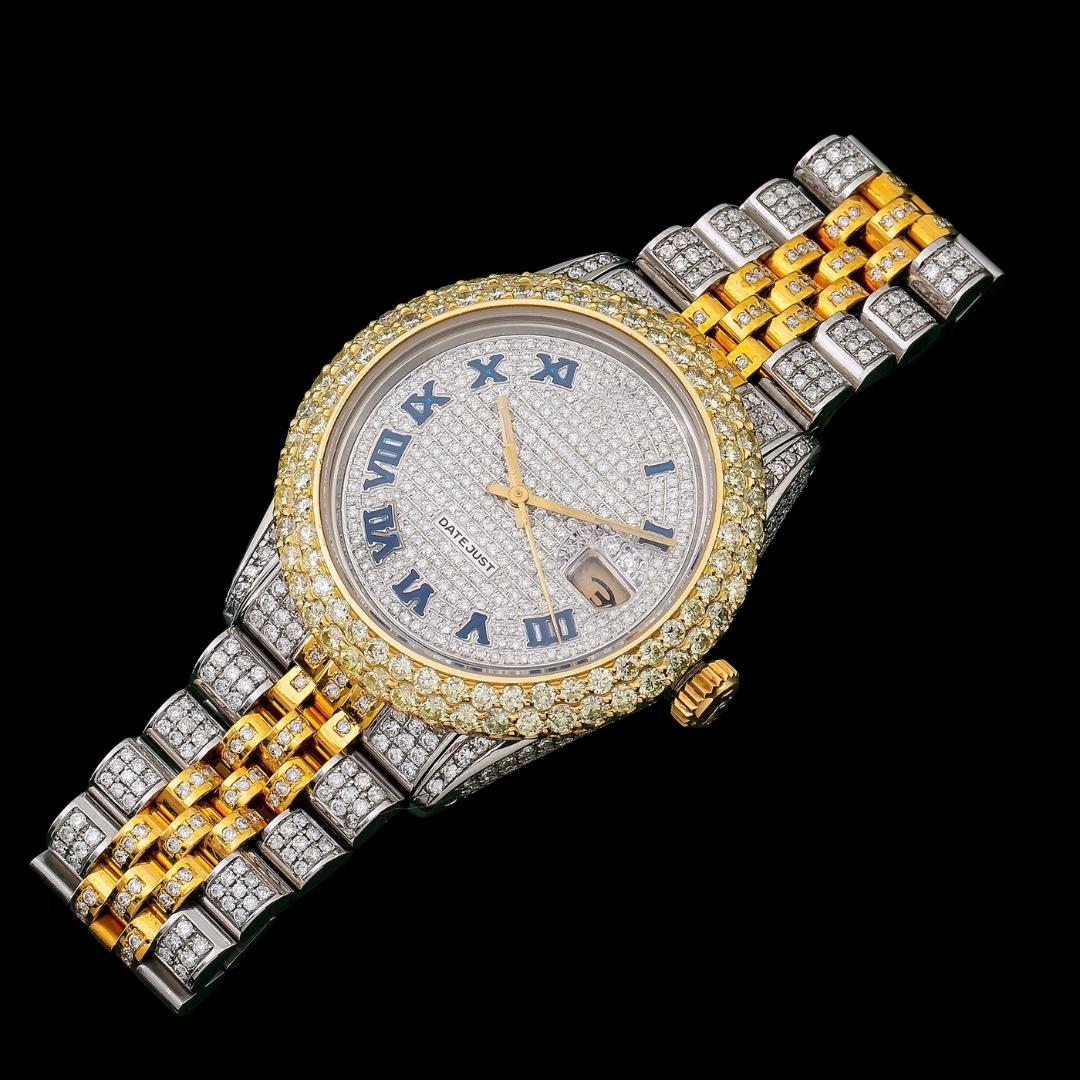 Rolex Datejust Diamond Paved Dial Blue Roman Numerals Two Tone Yellow Gold Jubilee Bracelet Iced Out Watch Close Up Front View