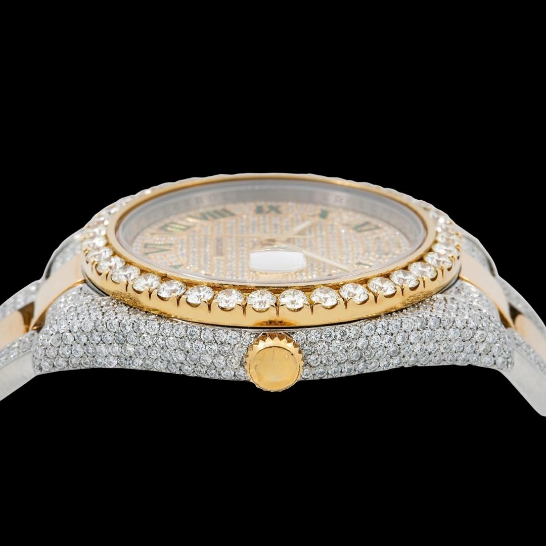 Rolex Datejust Diamond Paved Dial Green Roman Numerals Two Tone Yellow Gold Oyster Strap Iced Out Moissanite Watch Crown View
