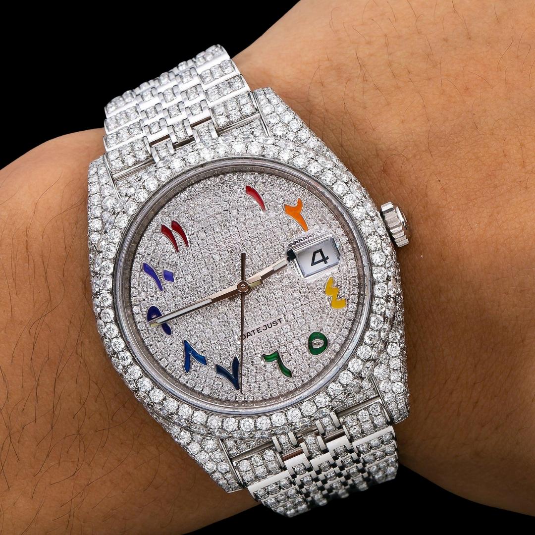 Rolex Datejust Diamond Paved Dial Rainbow Arabic Numerals Iced Out Jubilee Bracelet Moissanite Watch On Wrist View