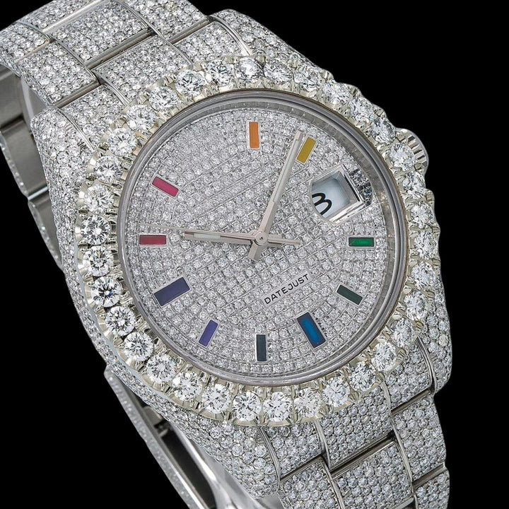 Rolex Datejust Diamond Paved Dial Rainbow Stick Markers Fully Iced Out Oyster Bracelet Moissanite Watch Close Up Dial View