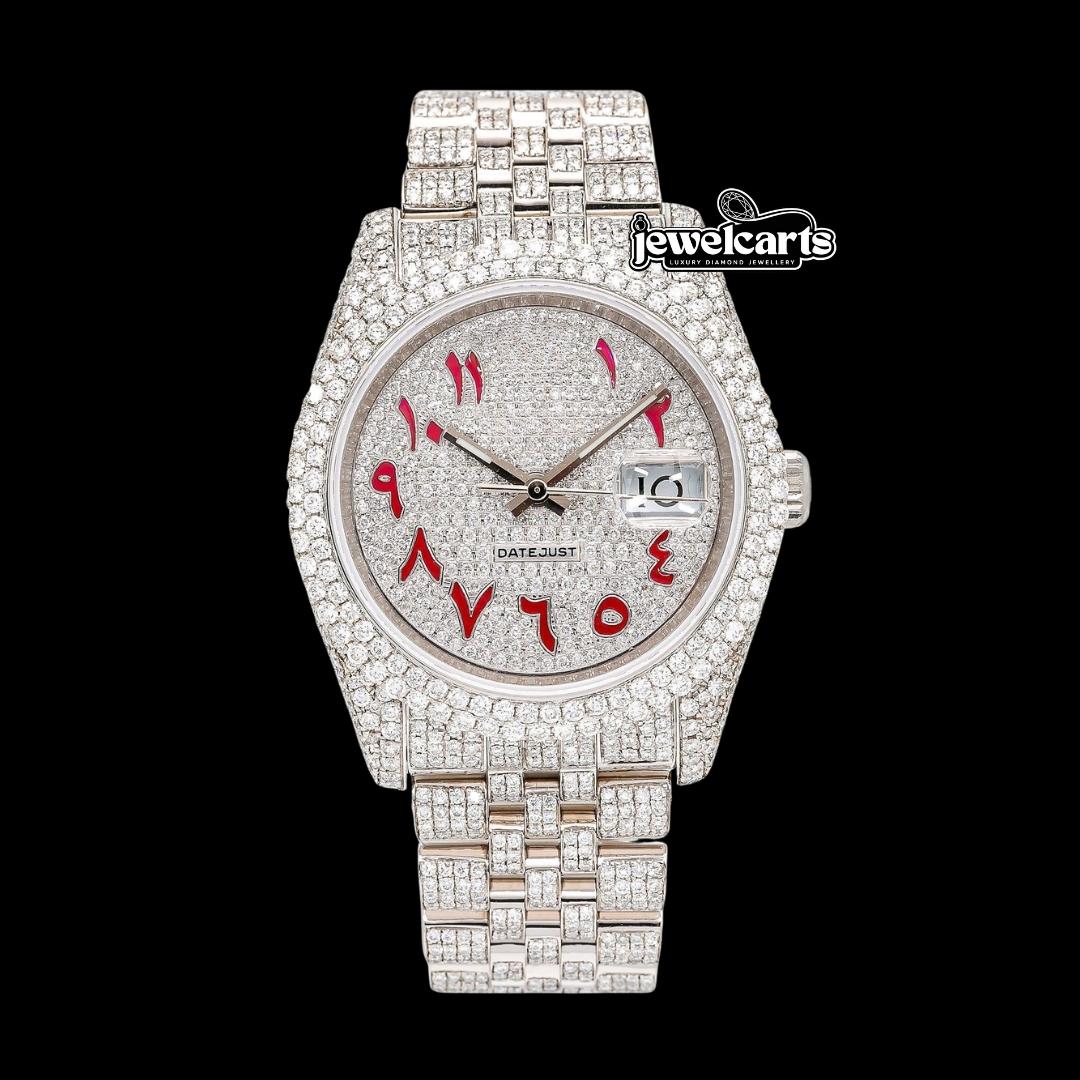 Rolex Datejust Diamond Paved Dial Red Arabic Numerals Jubilee Bracelet Iced Out Moissanite Watch Front View