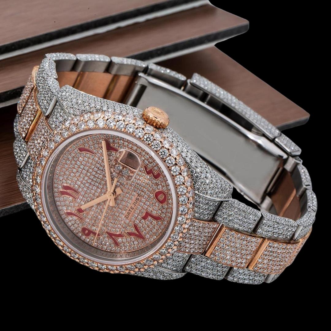 Rolex Datejust Diamond Paved Dial Red Arabic Numerals Two Tone Oyster Bracelet Moissanite Watch Close Up Front View