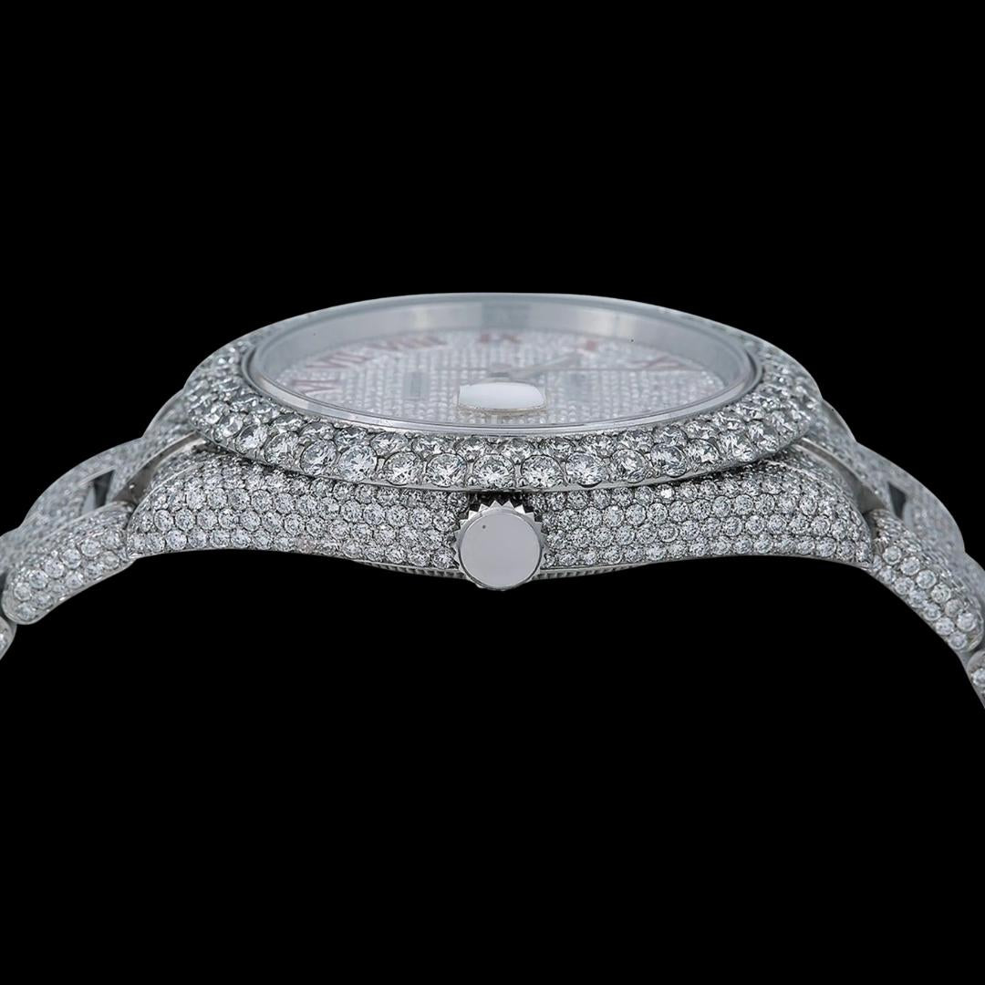 Rolex Datejust Diamond Paved Dial Red Roman Numerals Oyster Bracelet Fully Iced Out Moissanite Watch Crown View