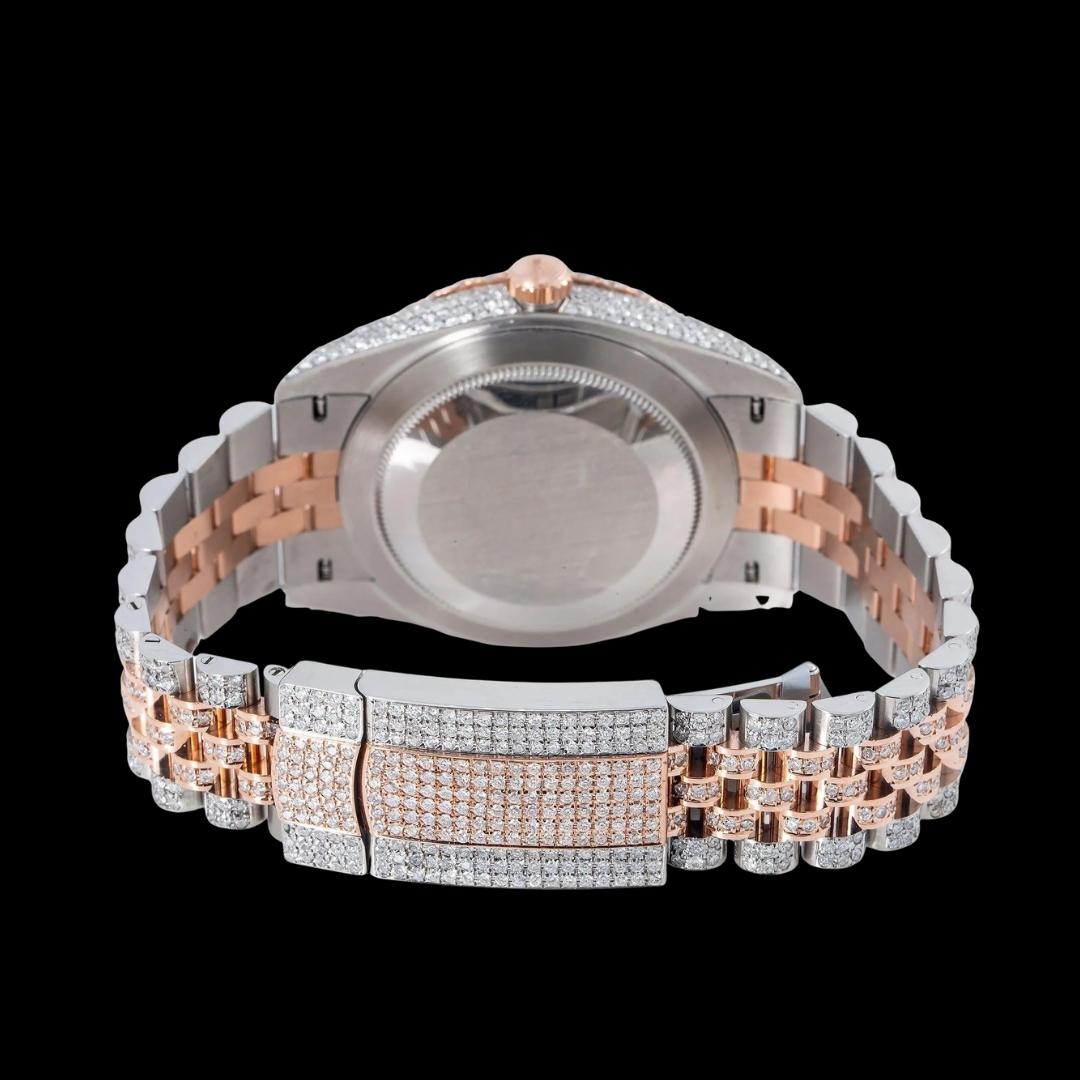 Rolex Datejust Diamond Paved Rainbow Arabic Dial Diamond Bezel Two Tone Rose Gold Fully Iced Oyster Bracelet Watch Caseback View