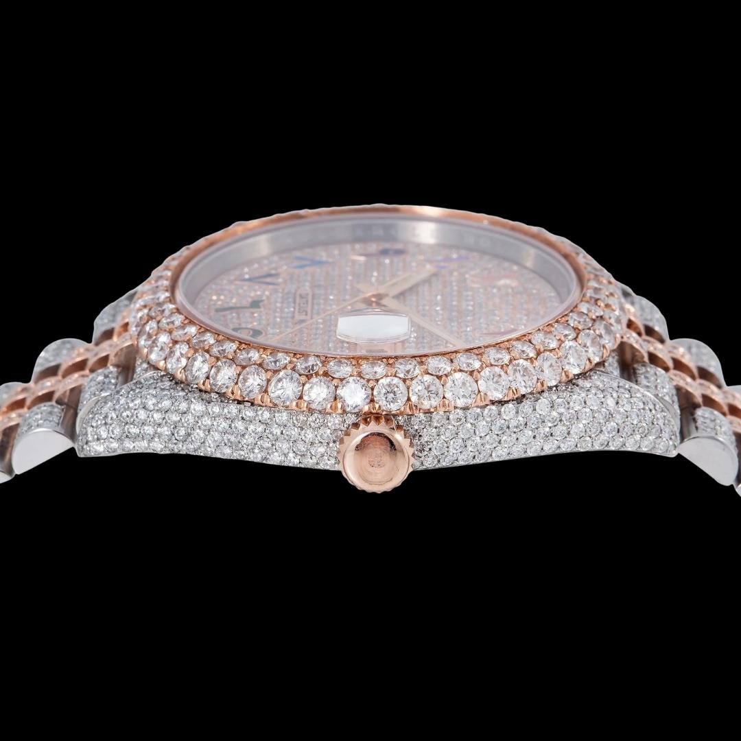 Rolex Datejust Diamond Paved Rainbow Arabic Dial Diamond Bezel Two Tone Rose Gold Fully Iced Oyster Bracelet Watch Crown View