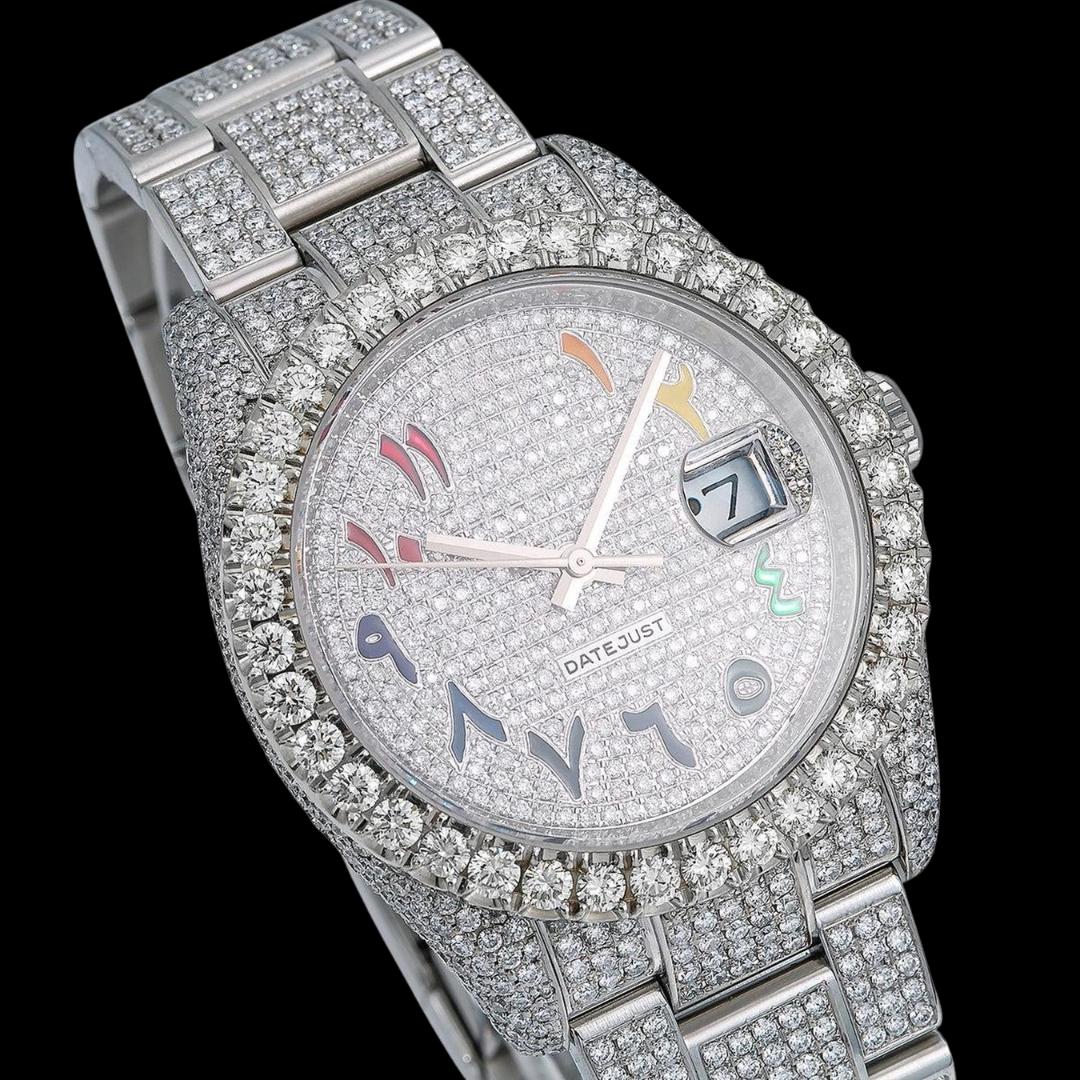 Rolex Datejust Diamond Paved Rainbow Arabic Dial Oyster Bracelet Fully Iced Out Moissanite Watch Close Up Dial View