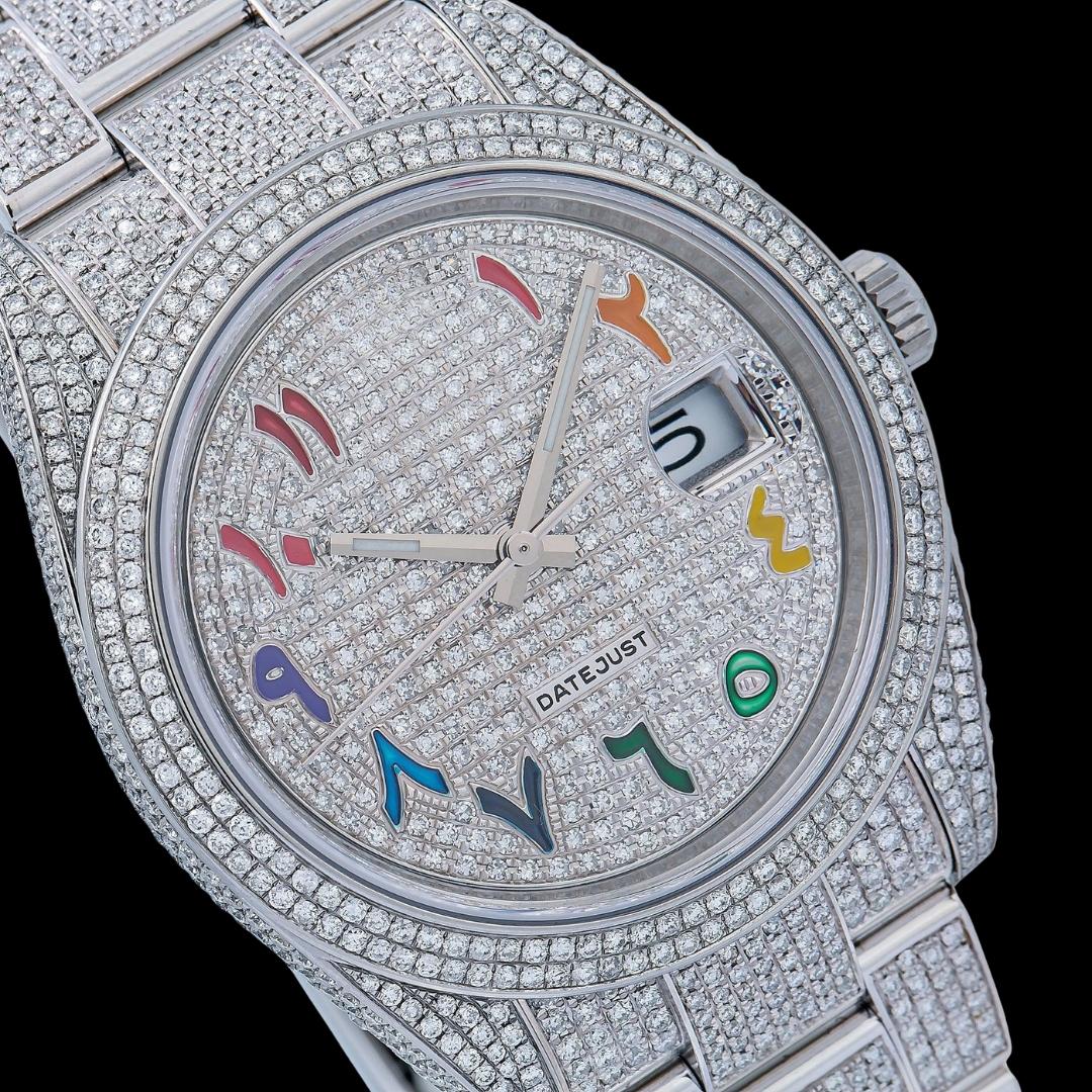 Rolex Datejust Diamond Paved Rainbow Arabic Dial Oyster Strap Fully Iced Out Moissanite Watch Close Up Dial View