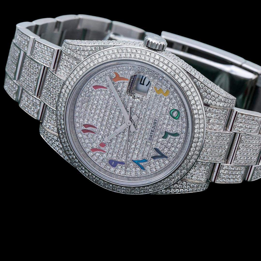 Rolex Datejust Diamond Paved Rainbow Arabic Dial Oyster Strap Fully Iced Out Moissanite Watch Close Up Front View