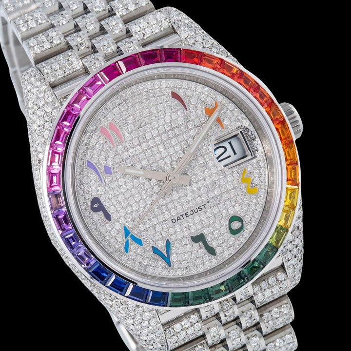 Rolex Datejust Diamond Paved Rainbow Arabic Dial Rainbow Bezel Fully Iced Out Jubilee Bracelet Moissanite Watch Close Up Dial View