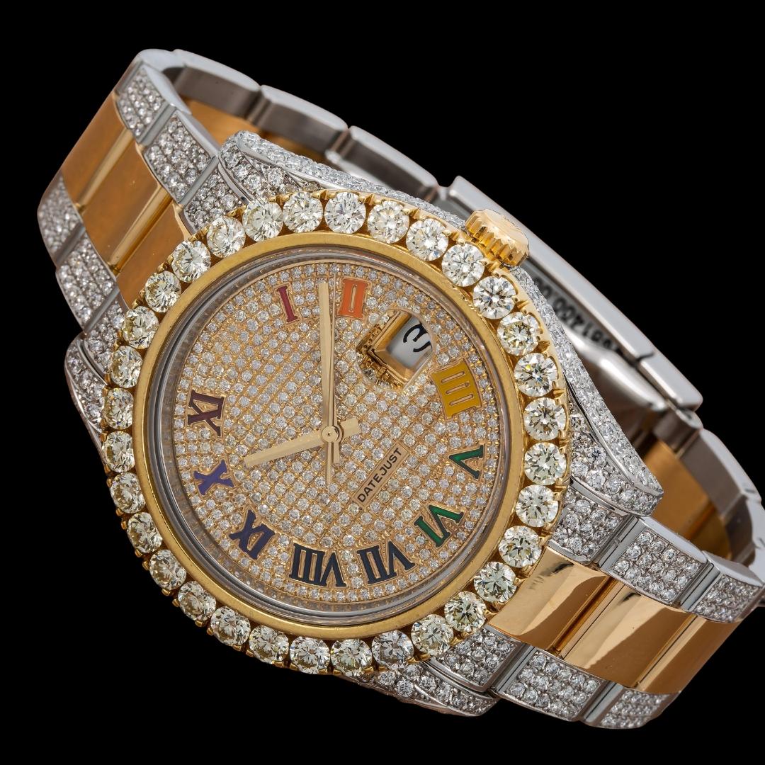 Rolex Datejust Diamond Paved Rainbow Roman Dial Yellow Gold Two Tone Oyster Bracelet Moissanite Watch Close Up Front View