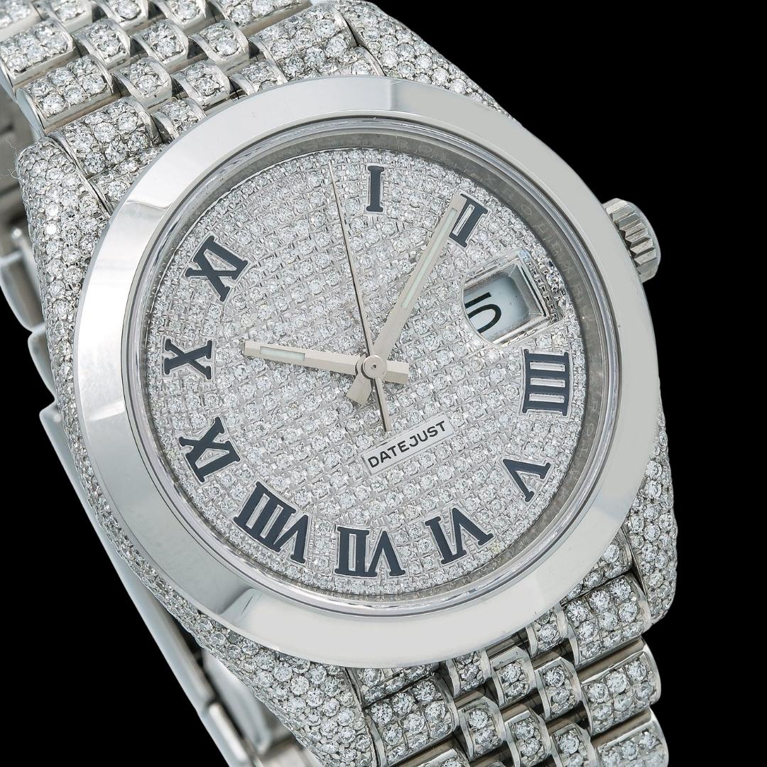 Rolex Datejust Diamond Paved Roman Dial Smooth Bezel Fully Iced Out Jubilee Bracelet Moissanite Watch Close Up Dial View