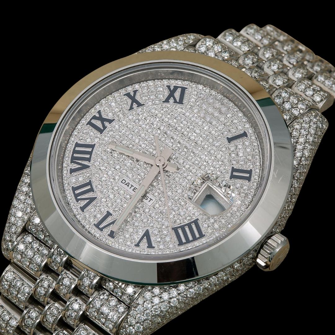 Rolex Datejust Diamond Paved Roman Dial Smooth Bezel Fully Iced Out Jubilee Bracelet Moissanite Watch Close Up Front View