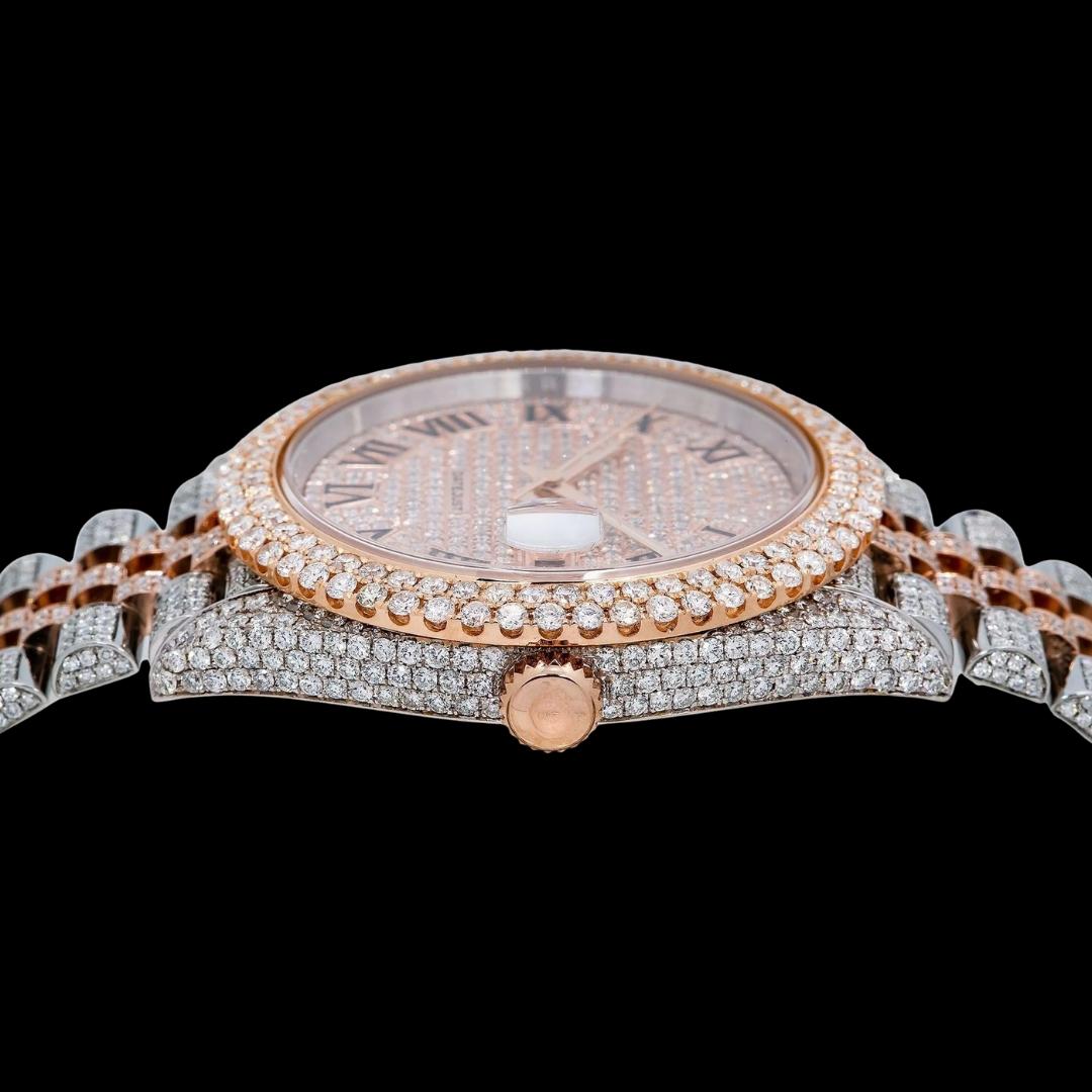 Rolex Datejust Diamond Paved Rose Gold Roman Dial Two Tone Jubilee Bracelet Iced Out Moissanite Watch Crown View