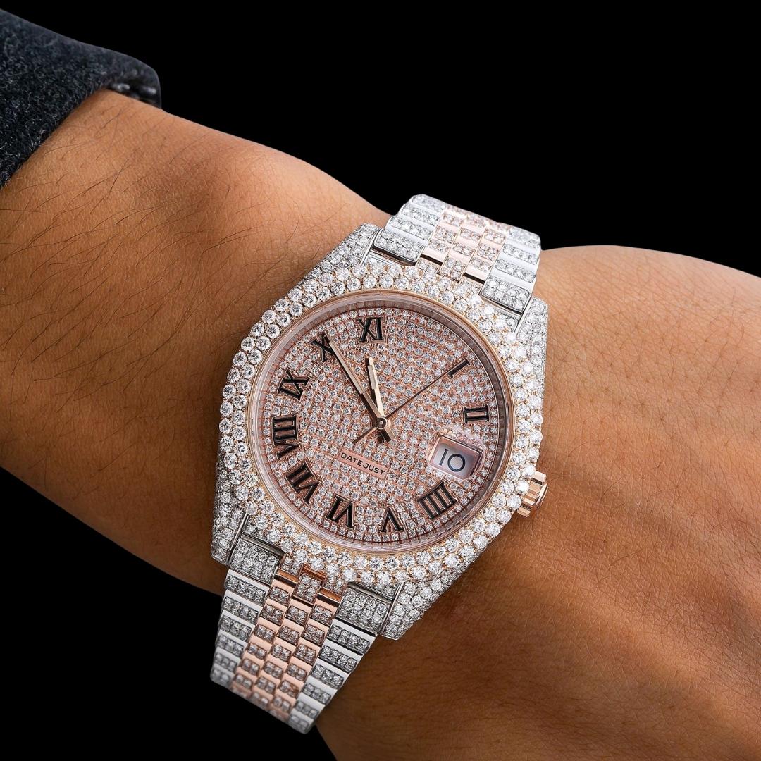 Rolex Datejust Diamond Paved Rose Gold Roman Dial Two Tone Jubilee Bracelet Iced Out Moissanite Watch On Wrist View