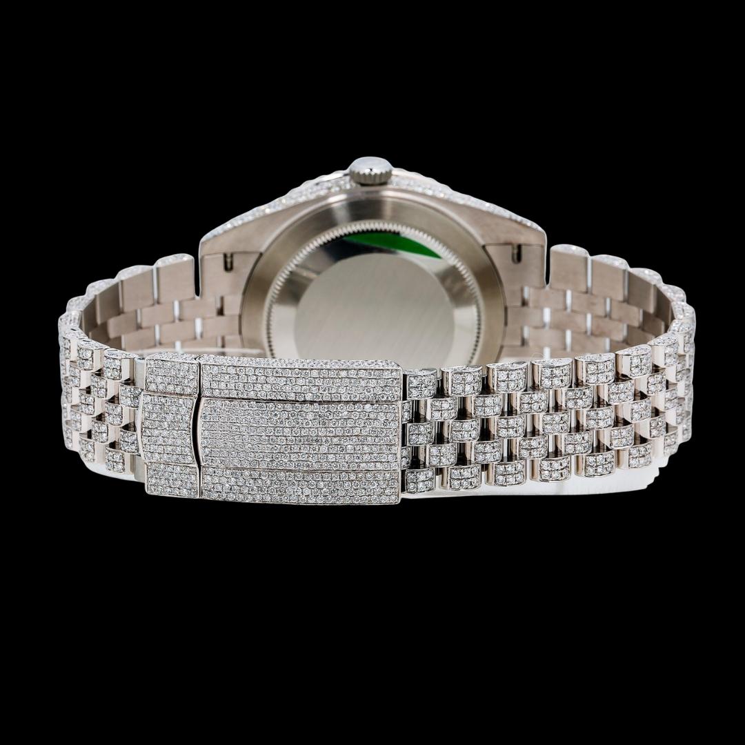 Rolex Datejust Diamond Paved White Dial Red Roman Numerals Iced Out Jubilee Bracelet Moissanite Watch Caseback View