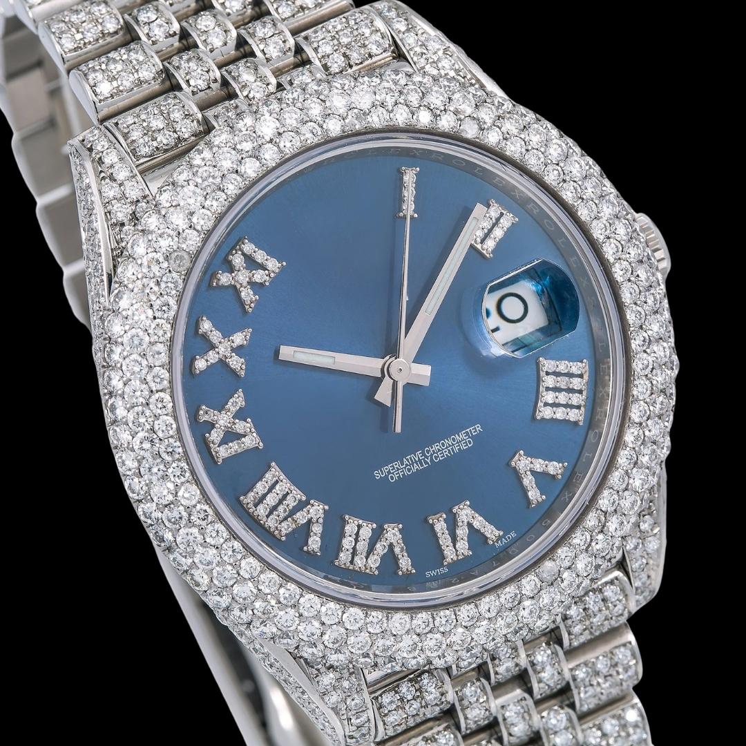 Rolex Datejust Diamond Roman Numerals Blue Dial Iced Out Jubilee Bracelet Moissanite Watch Close Up Dial View