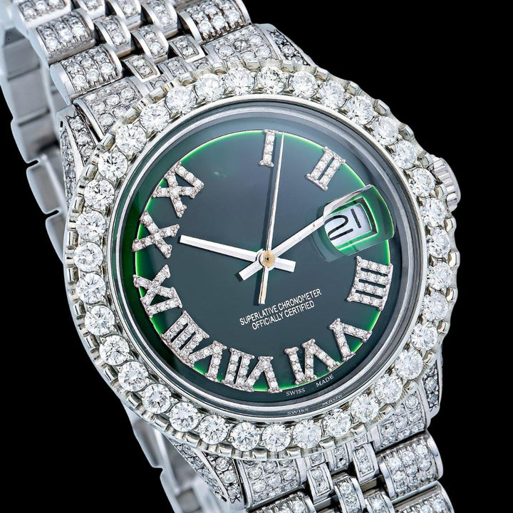 Rolex Datejust Diamond Roman Numerals Green Dial Fully Iced Out Jubilee Bracelet Moissanite Watch Close Up Dial View