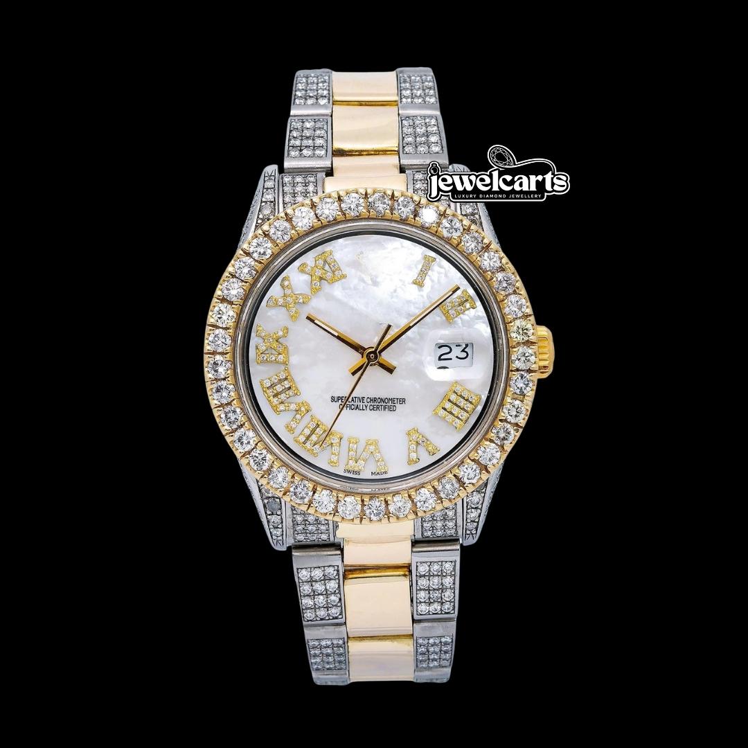 Rolex Datejust Diamond Roman Numerals White Dial Two Tone Two Tone Yellow Gold Semi Jubilee Bracelet Watch Front View