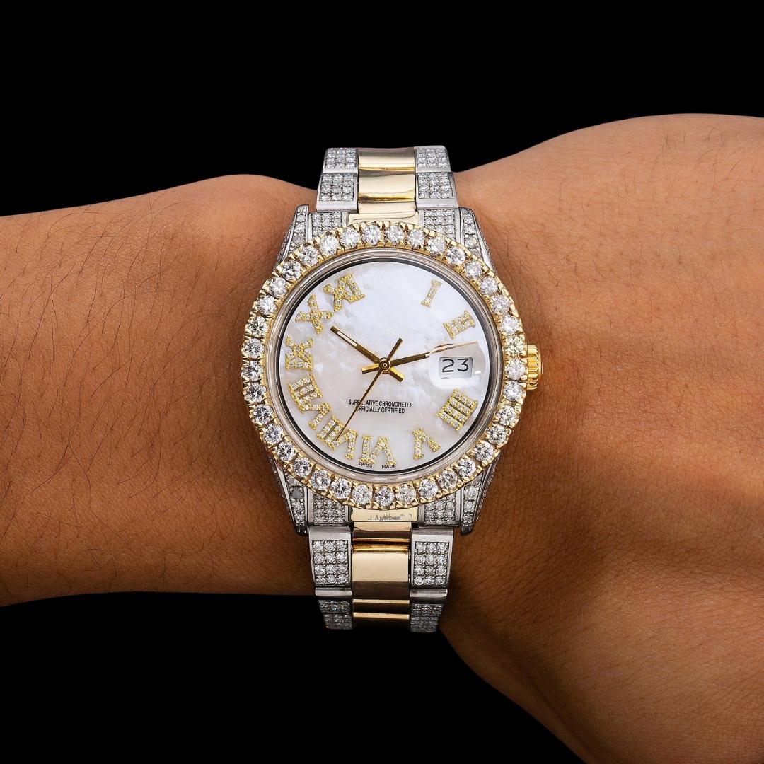 Rolex Datejust Diamond Roman Numerals White Dial Two Tone Two Tone Yellow Gold Semi Jubilee Bracelet Watch On Wrist View