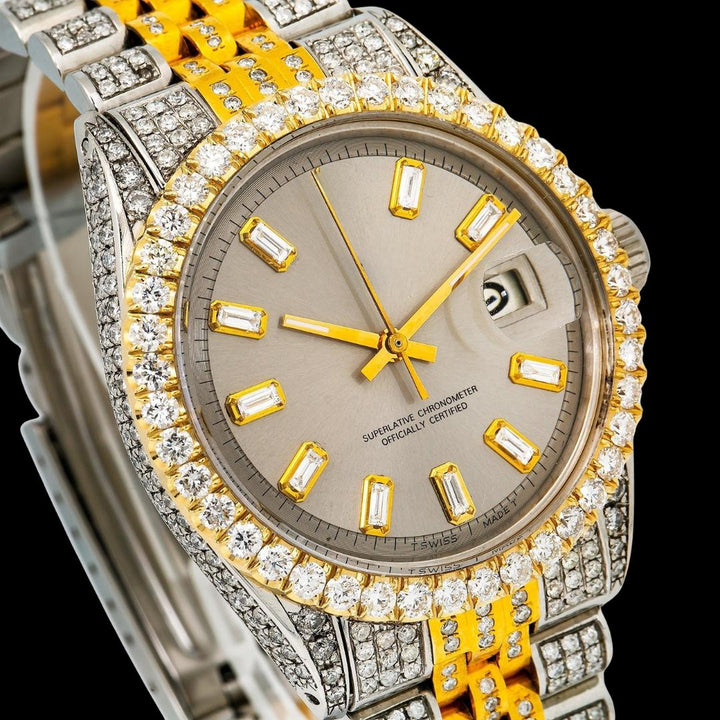 Rolex Datejust Gray Baguette Diamond Markers Dial Jubilee Bracelet Two Tone Yellow Gold Iced Out Moissanite Watch Close Up Dial View