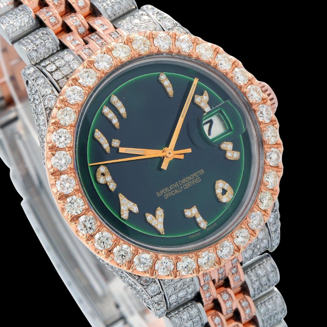 Rolex Datejust Green Arabic Diamond Dial Diamond Bezel Two Tone Rose Gold Jubilee Bracelet Watch Close Up Dial View